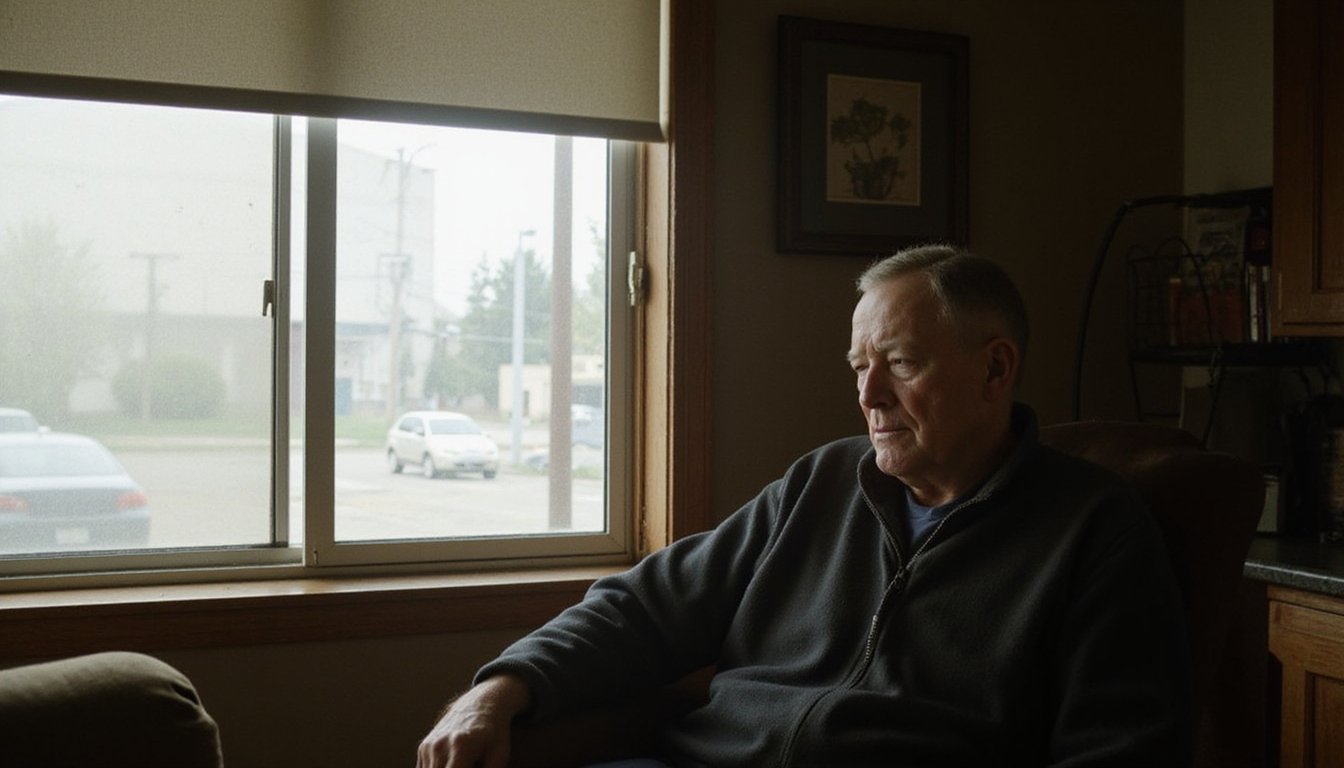 a veteran sitting near a window in a modest home, soft daylight illuminating one side of face, calm reflective expression, background showing faint view of city street through glass, cinematic realism, 85mm photo, warm residential tone