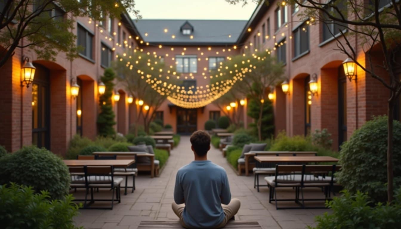 Person resting outdoors in a quiet residential treatment center courtyard