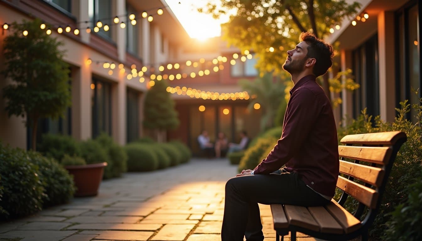 Adult sitting quietly on a bench in a serene recovery center courtyard