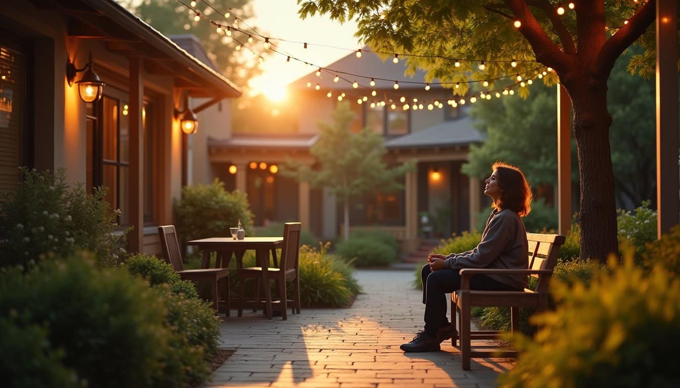 Comfortable courtyard seating at a residential recovery facility with string lights