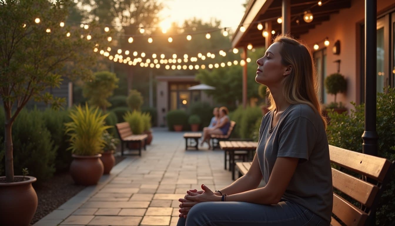 Client seated in a tranquil rehab courtyard surrounded by greenery and warm light