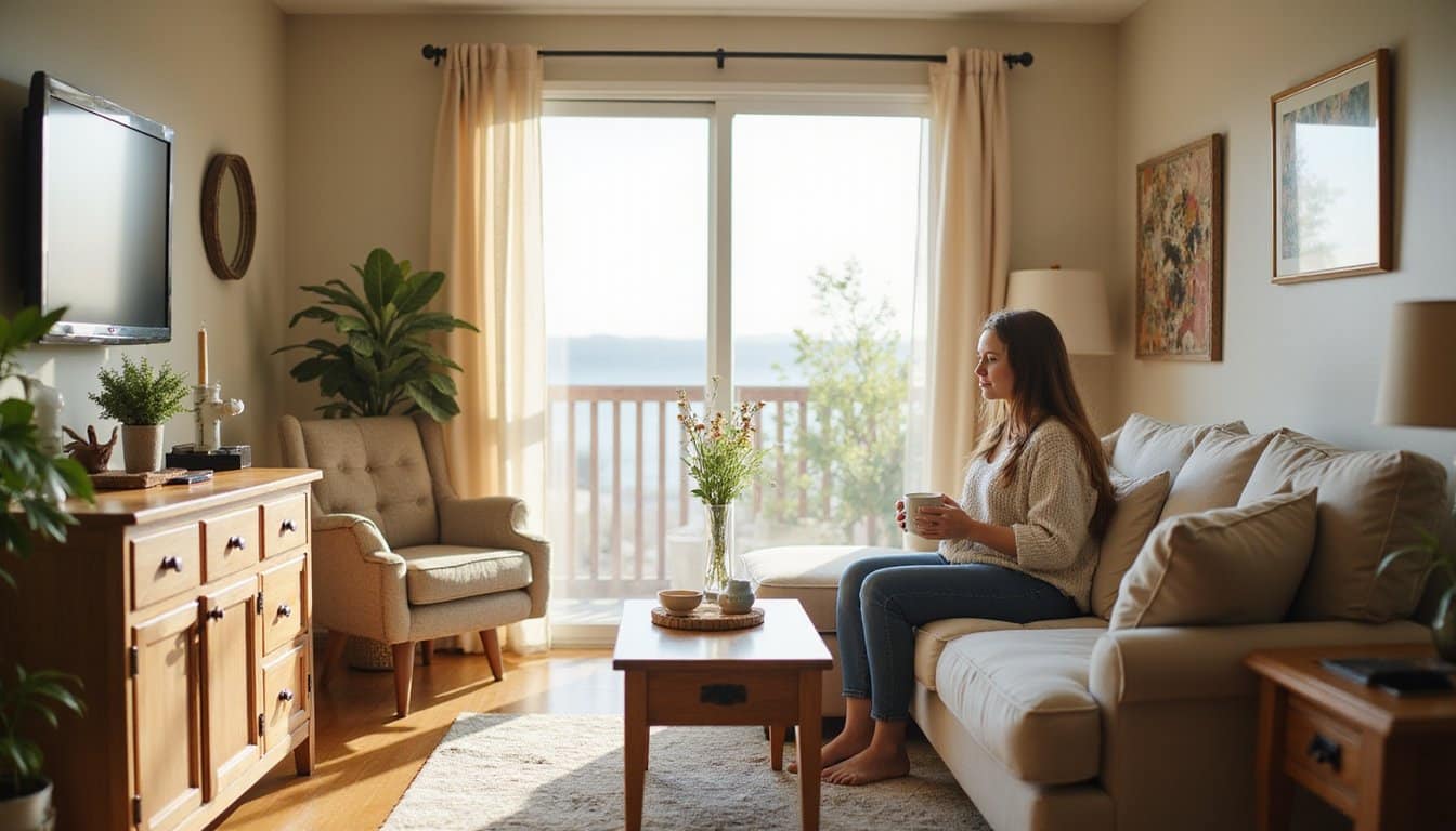 Person seated in a comfortable rehab living room with warm decor