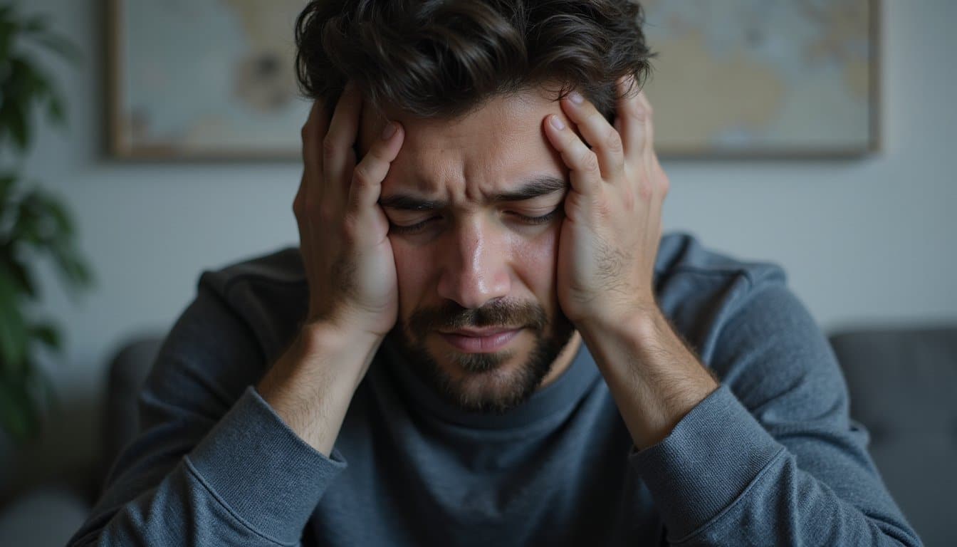 A man looking depressed holding his head in his hands