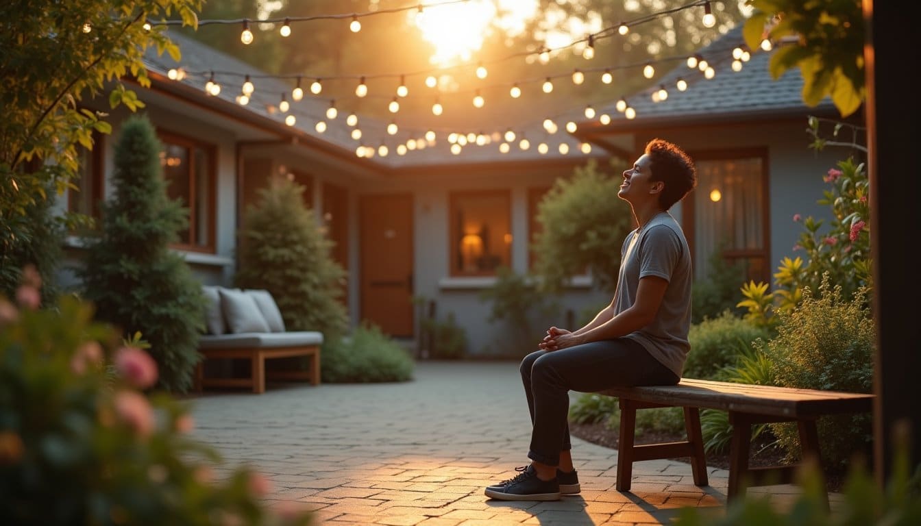 Relaxing courtyard scene at a rehab residence with sunset glow and soft lighting