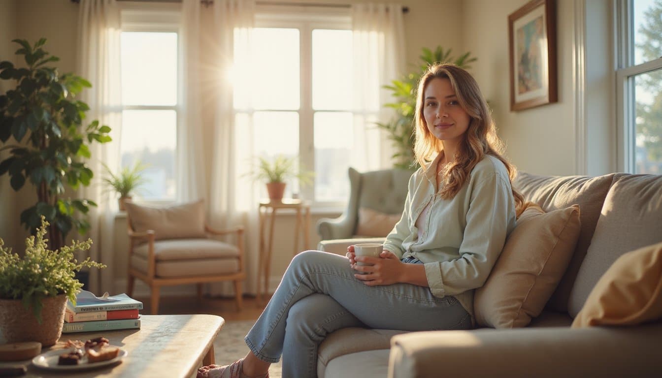 Person in a bright rehab living room with warm neutral furniture