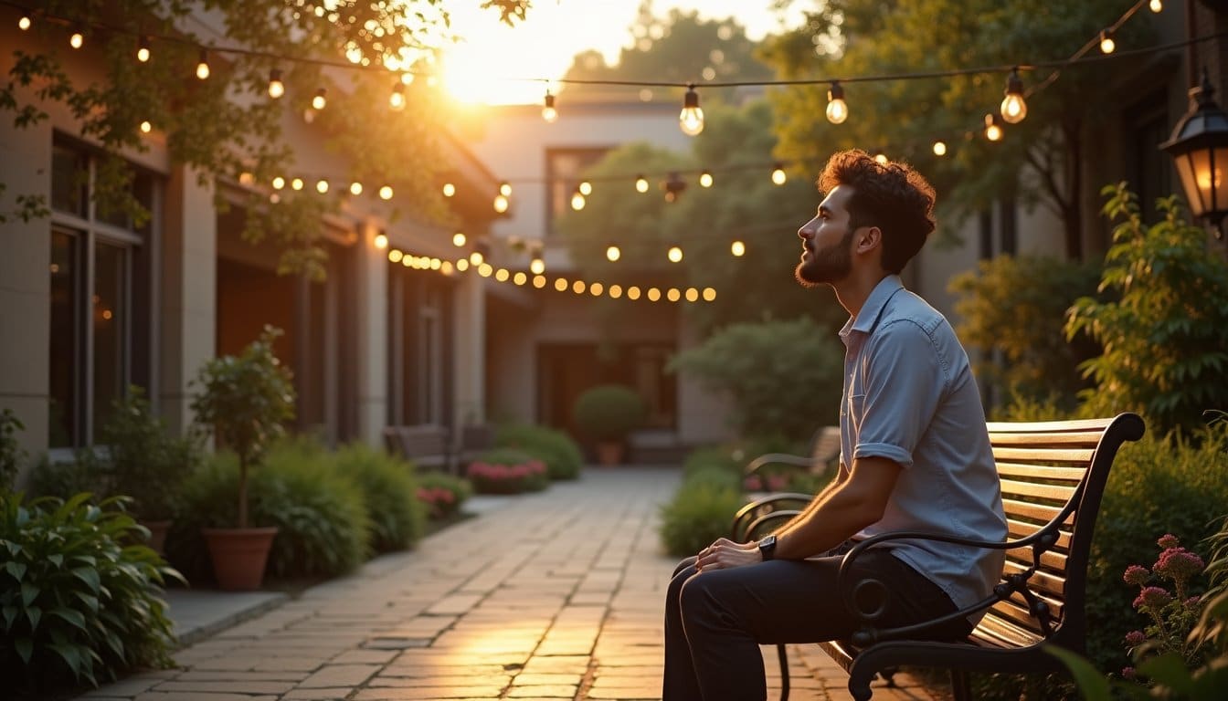 Calm evening courtyard at a residential facility with string lights and garden seating