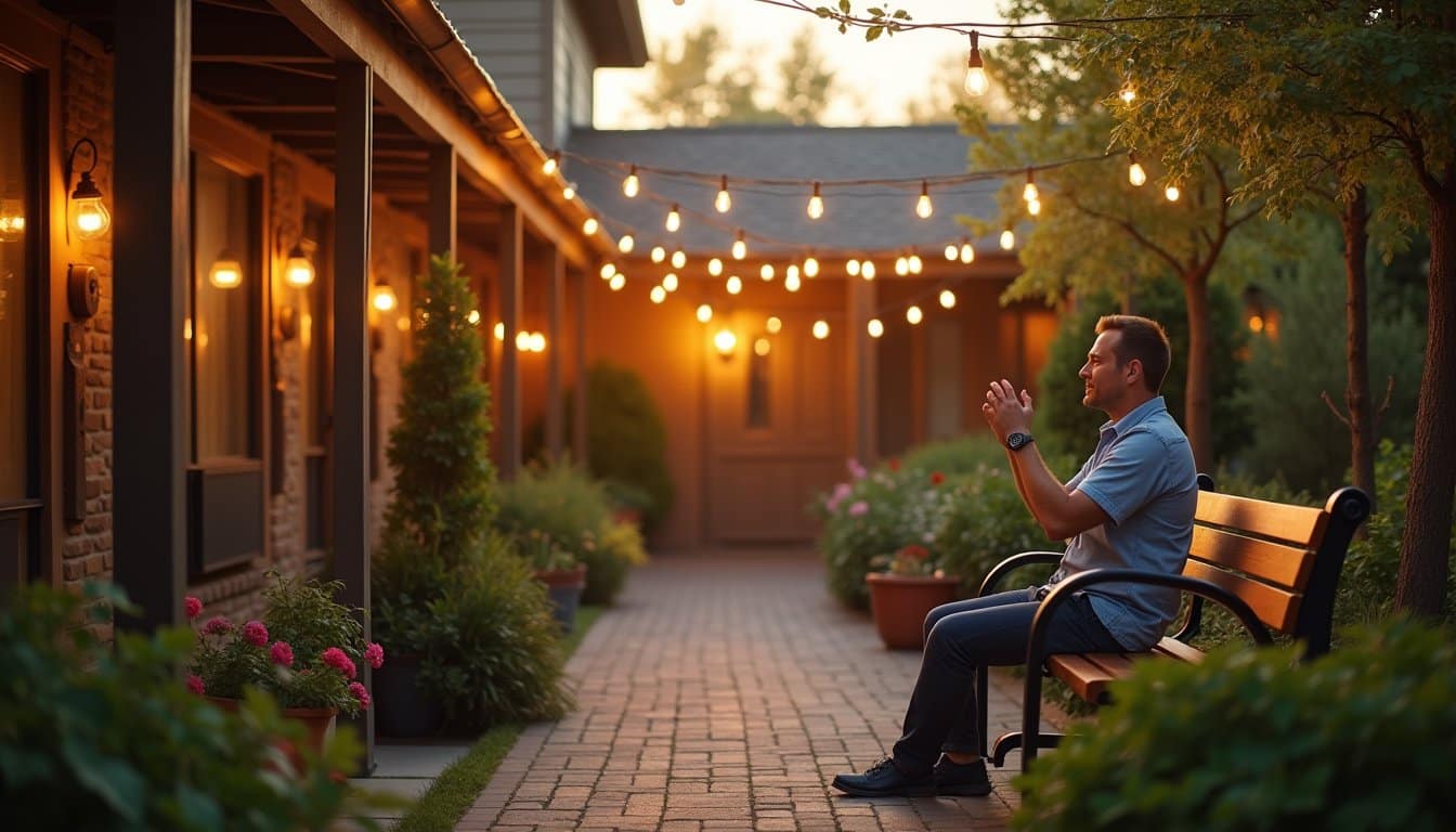 Adult enjoying a quiet moment on a bench in a residential treatment courtyard