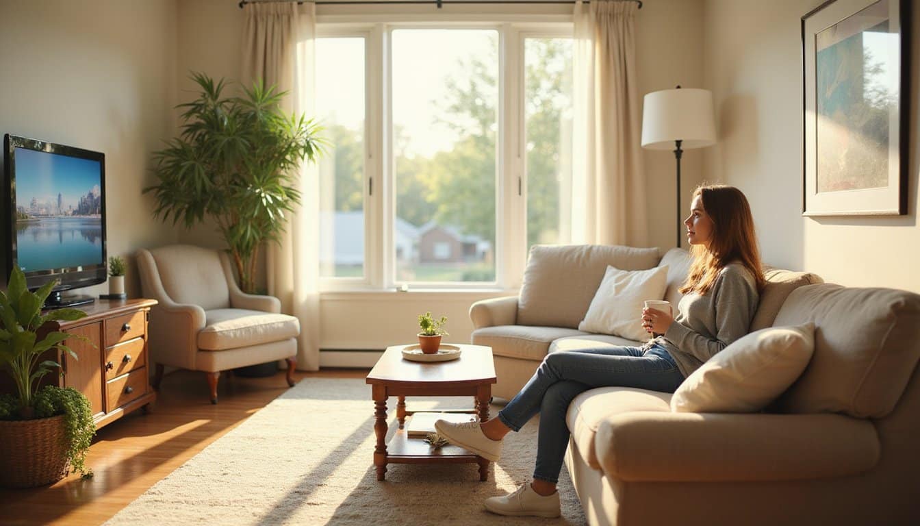 Calm recovery-focused living space with soft sunlight and cozy seating