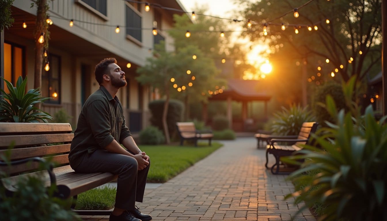 Bench seating in a residential treatment courtyard during golden hour