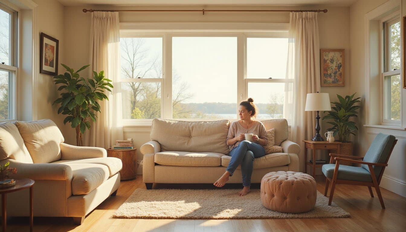Person relaxing on a couch in a bright residential rehab living room