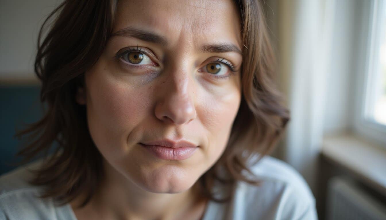 Authentic portrait of an adult with neutral expression in a cozy home environment