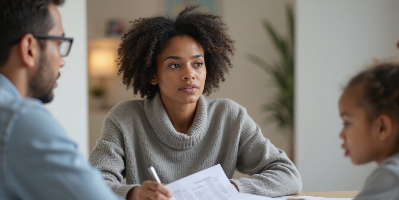 One parent woman in sharp focus sitting with a child at a dining table during homework time, organized and attentive facial expression, man softly out of focus in the background