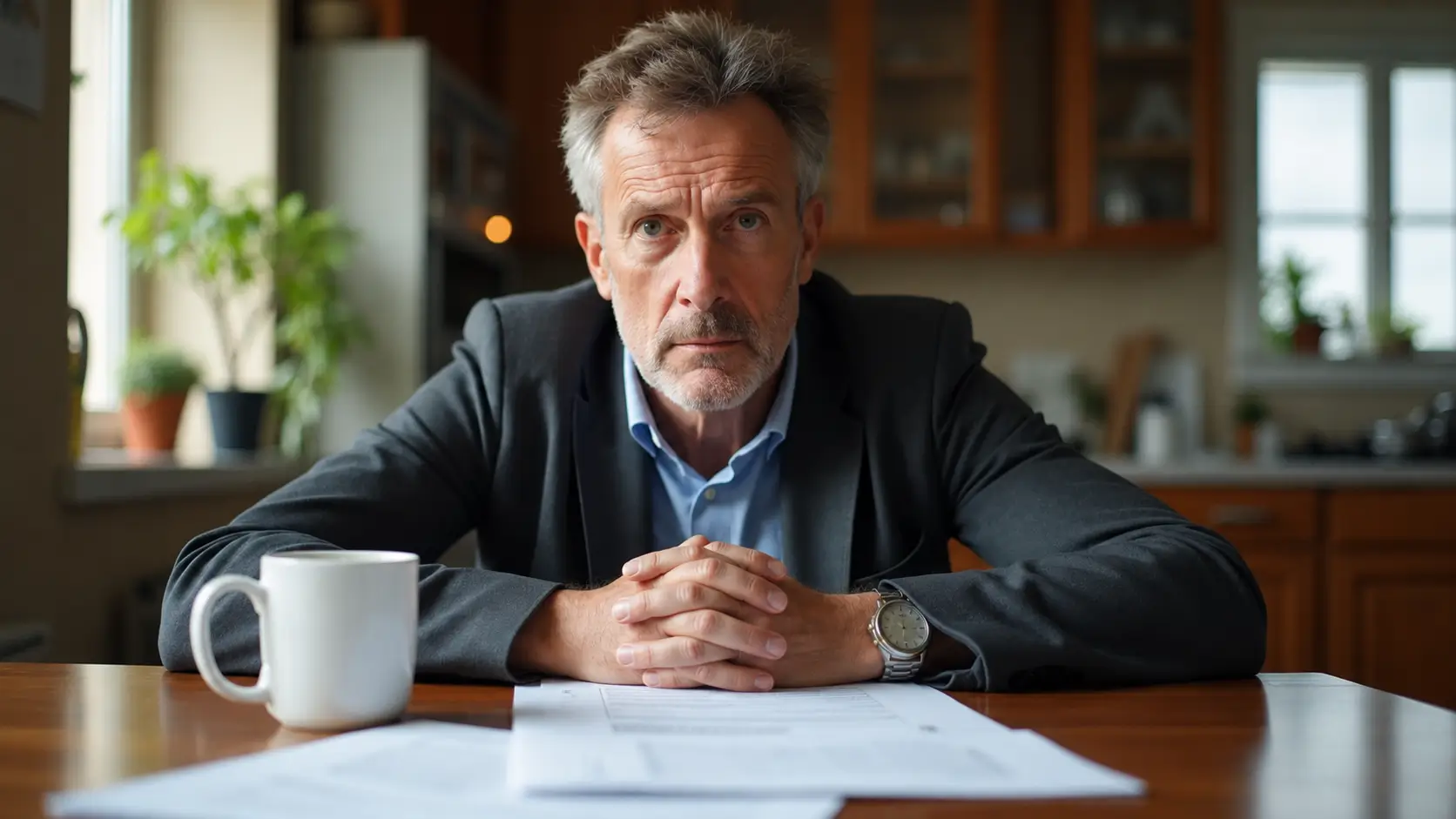A serious middle-aged man in a dark blazer sits at a wooden table with his hands folded over paperwork, looking directly at the camera in a warmly lit home office or kitchen setting with a coffee mug and plants in the background.