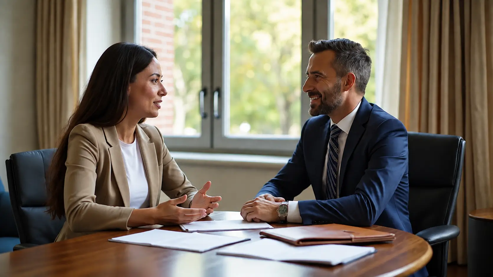 A businesswoman in a beige blazer gestures naturally while speaking with a smiling businessman in a navy suit across a conference table with documents and a portfolio in a bright, modern office