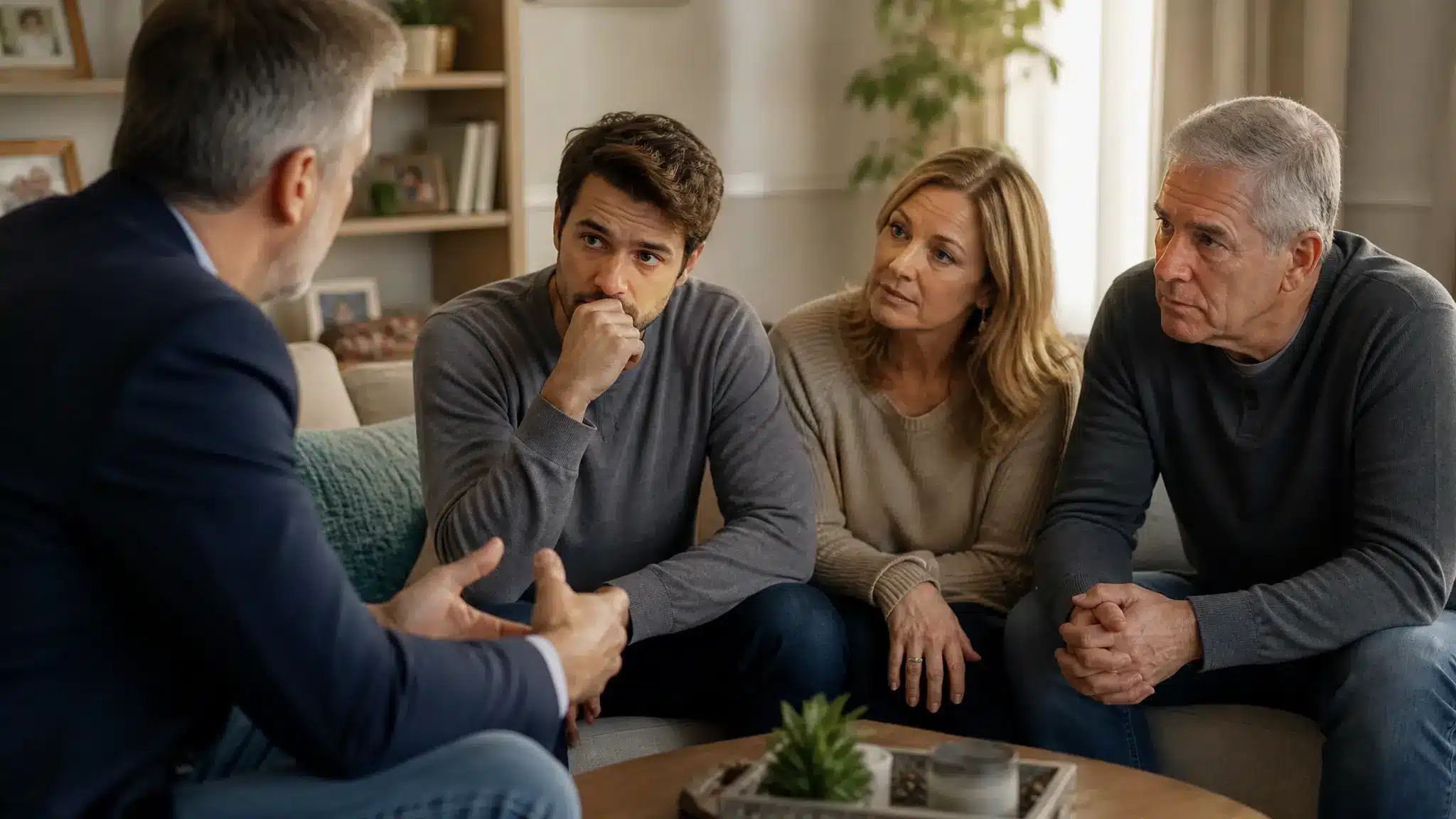 Family discussing addiction treatment with a professional interventionist.