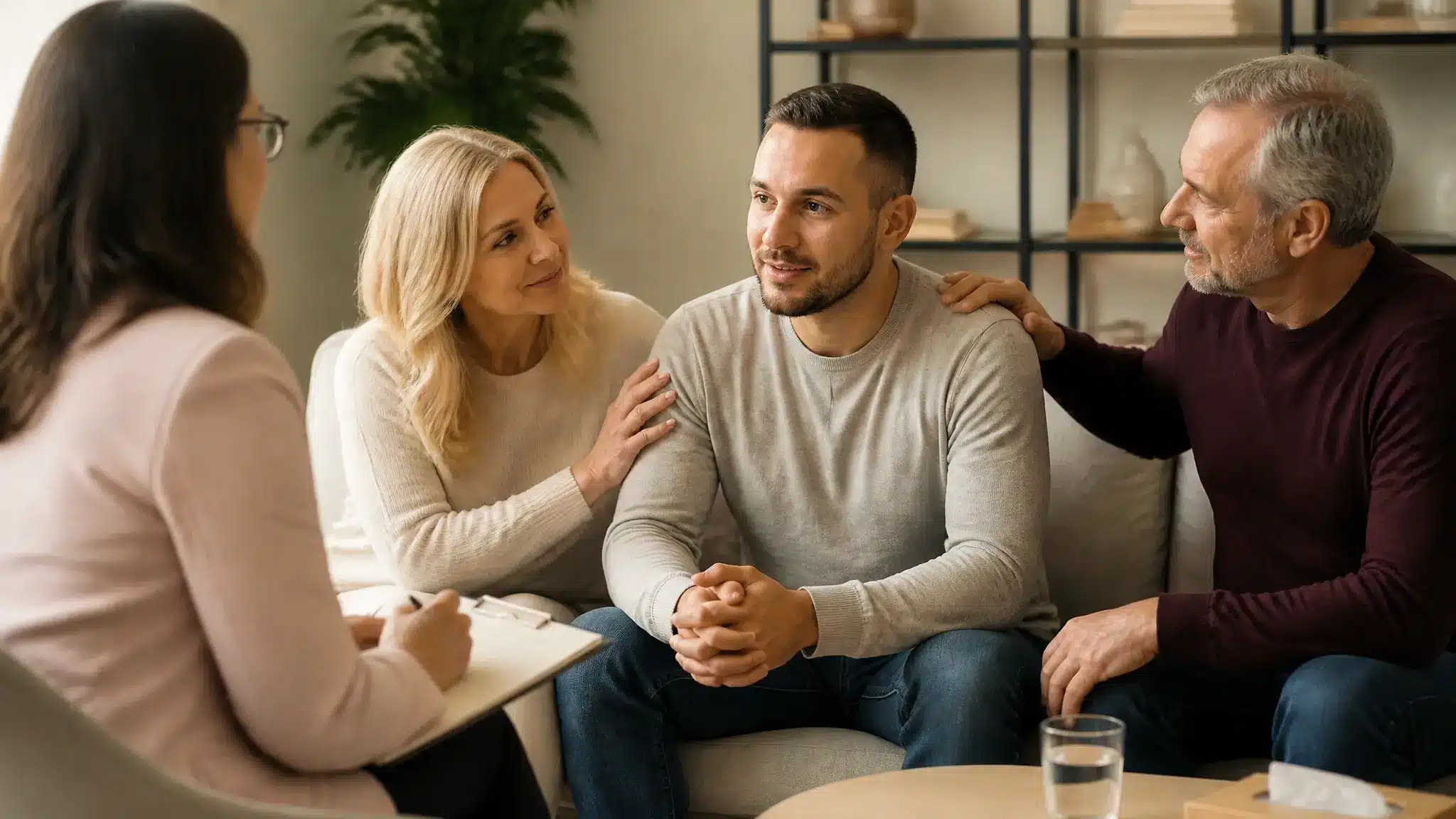 Adult receiving family support and continued counseling during addiction recovery.