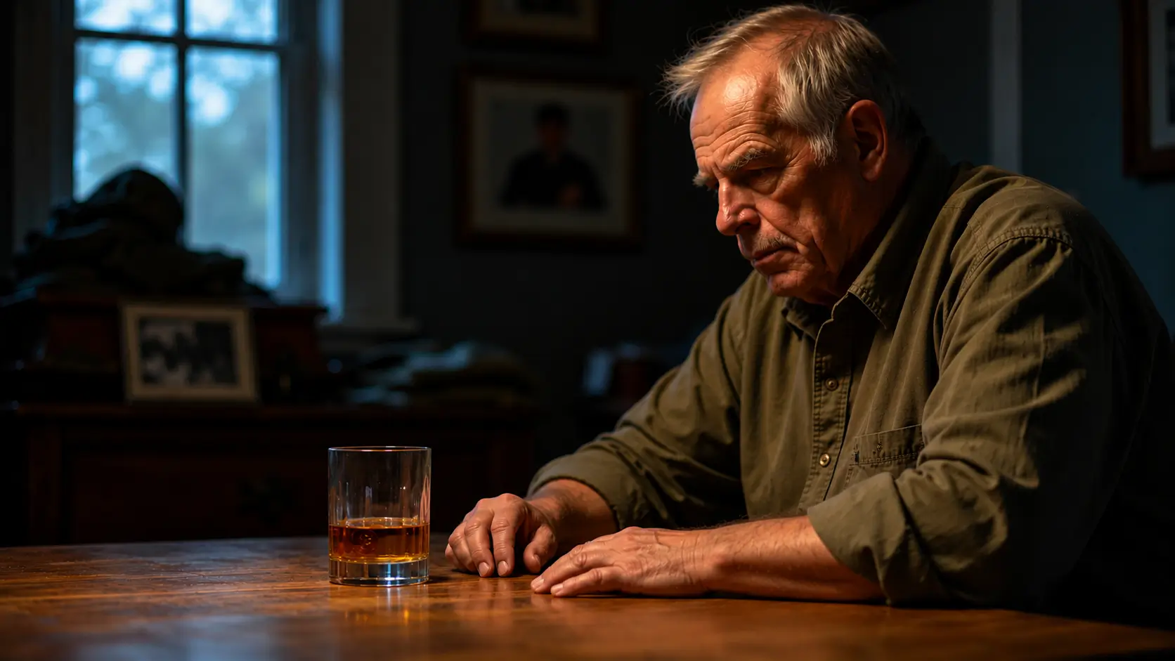 Older man sitting thoughtfully at a wooden table with his hands resting separately beside a glass of whiskey.