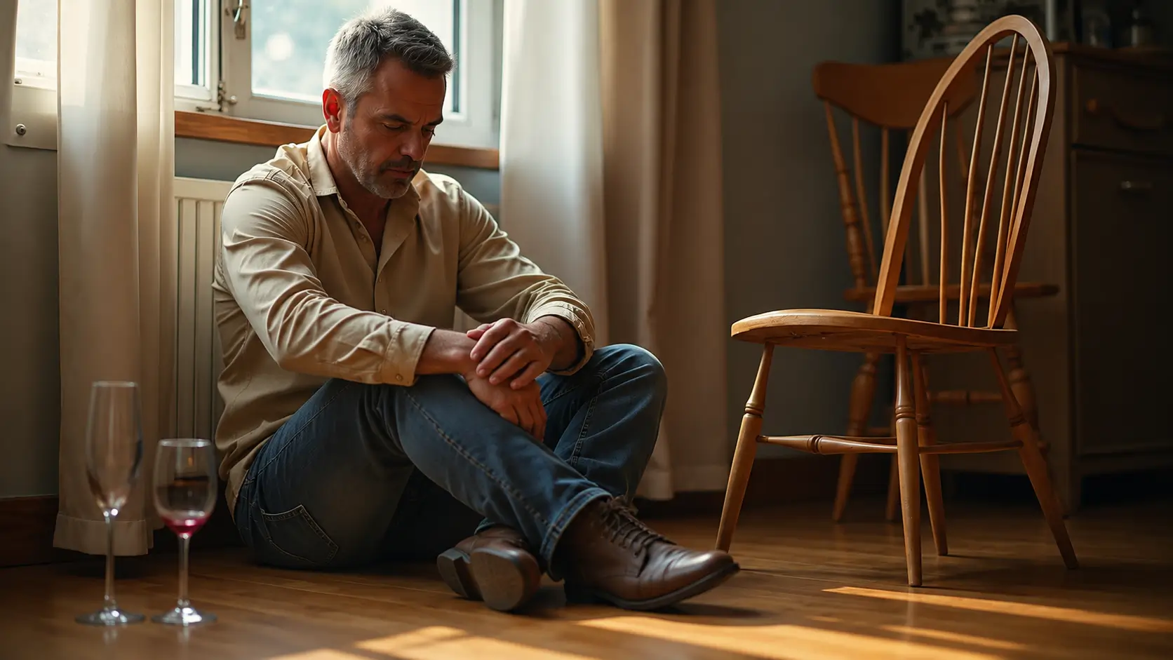 Middle-aged man sitting on the floor with his hands resting on his knee in a quiet, sunlit room.