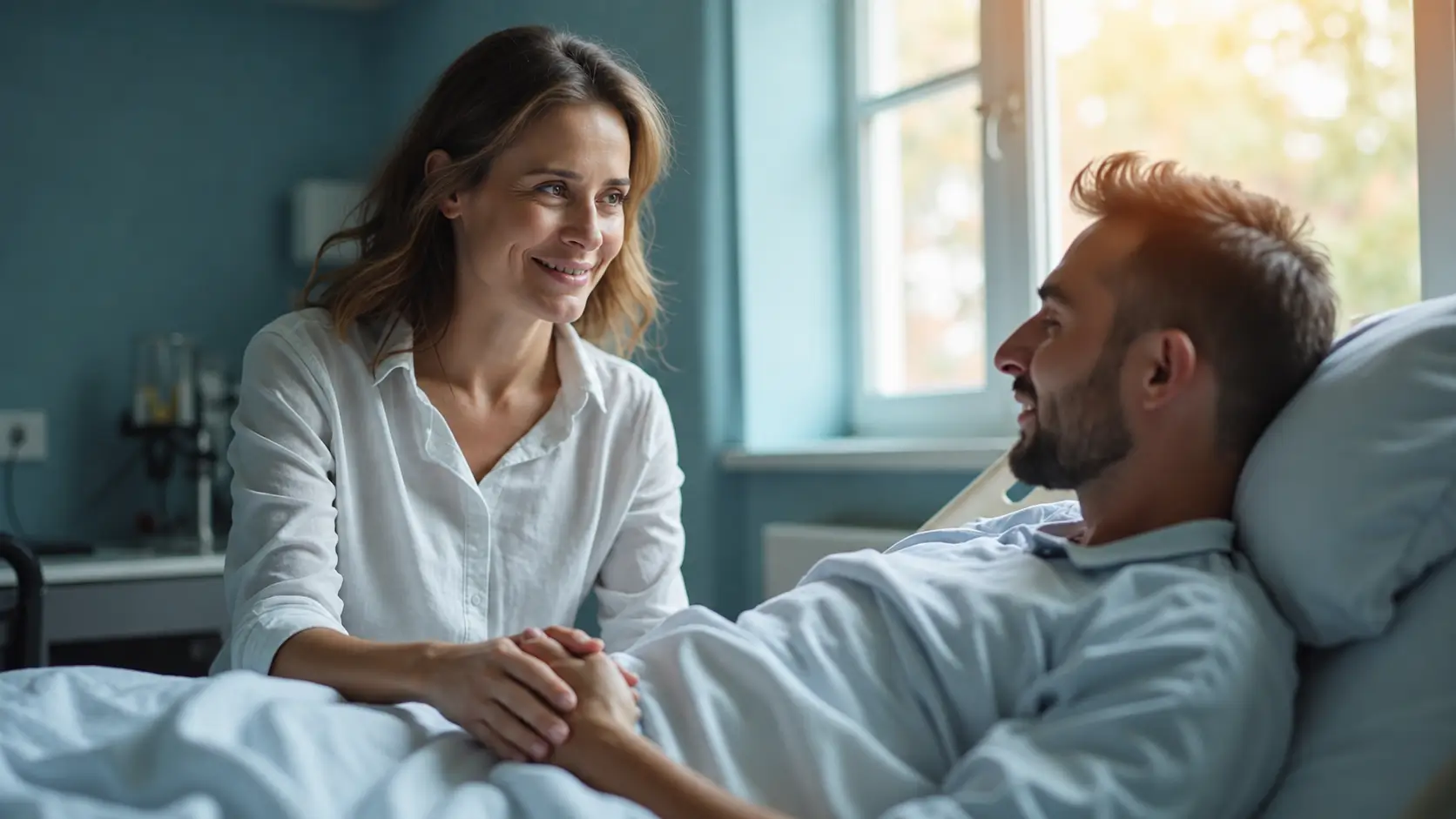 Woman holding the hand of a male patient resting in a hospital bed during a warm, supportive visit.