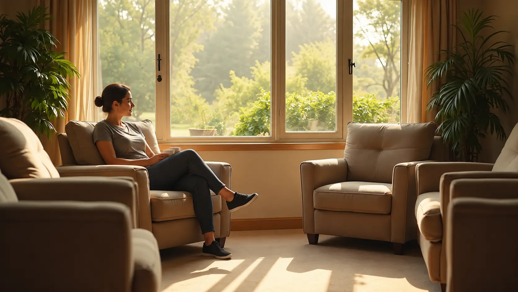 Woman sitting comfortably in an armchair with a cup, relaxing in a bright, sunlit room surrounded by plants.