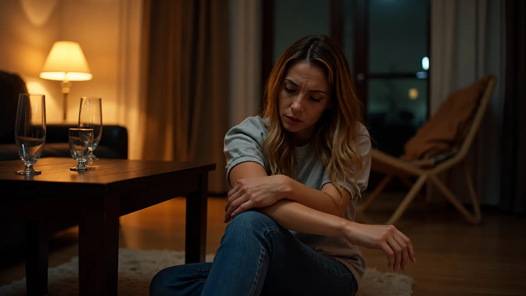 Sad woman sitting on the floor with her arms crossed in a dimly lit living room.