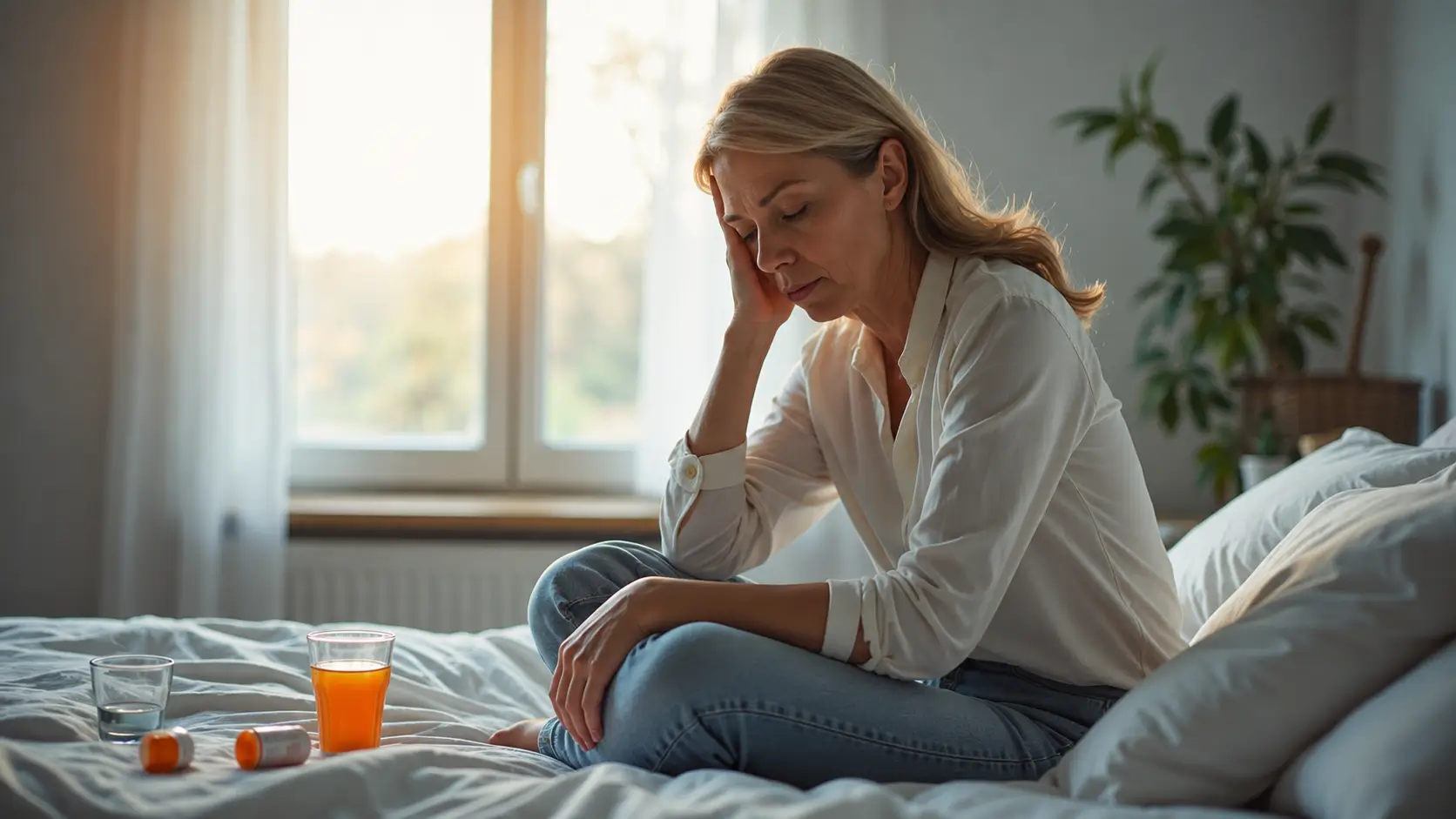 A tired middle-aged woman sits on a bed in a sunlit bedroom, resting her head in one hand with medication and glasses of water nearby.