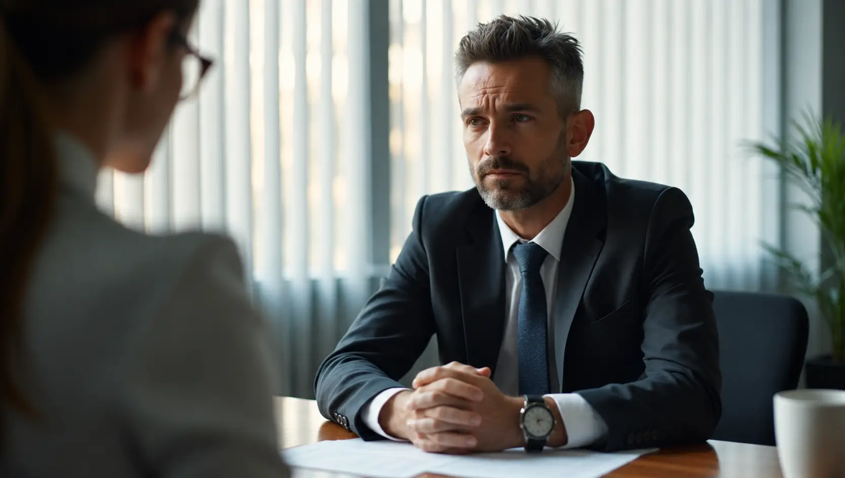 A professionally dressed businessman sits at a desk with his hands clasped, listening attentively to a colleague during a business meeting in a modern office with natural light.