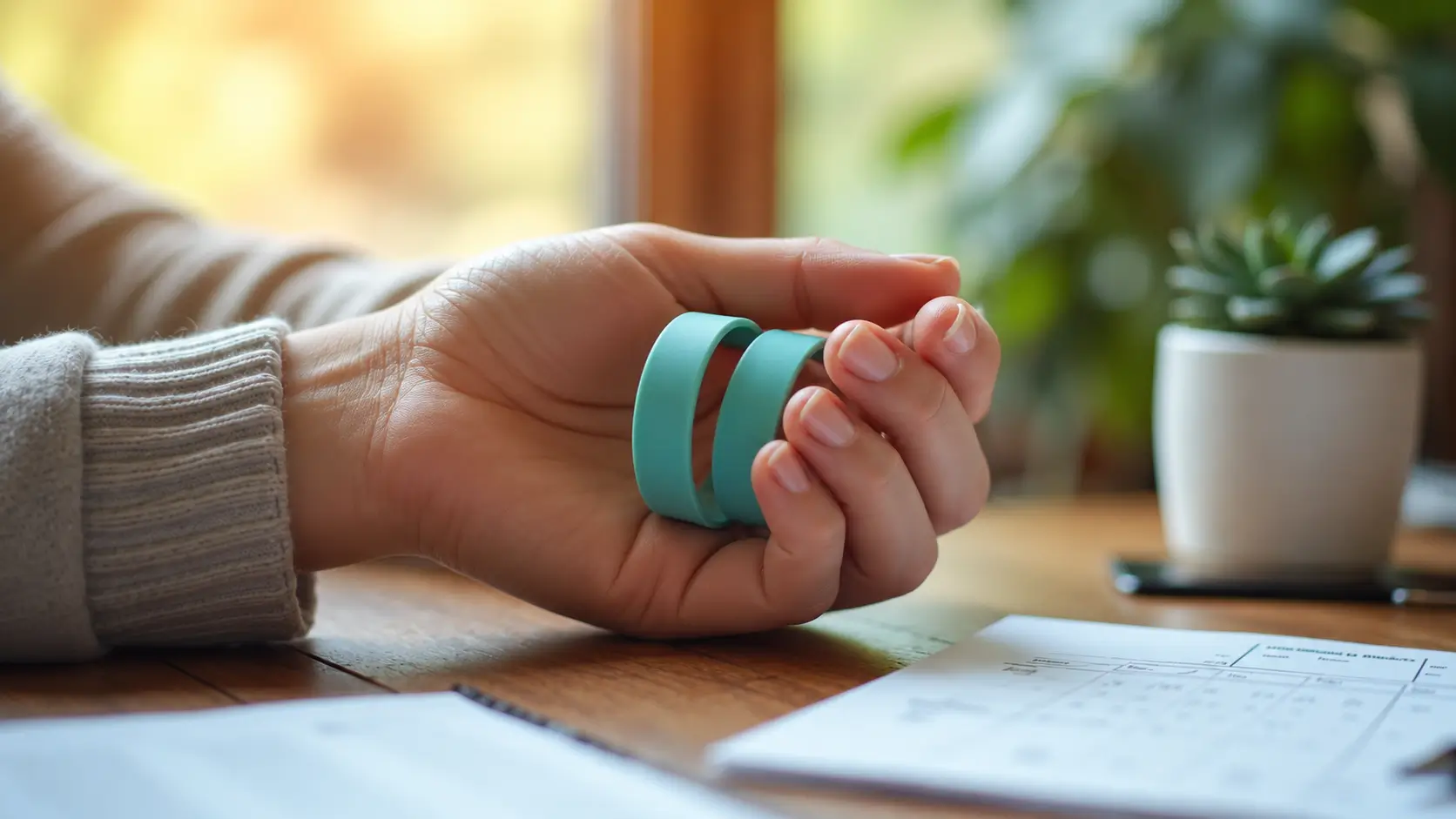 A close-up of a hand holding two teal silicone finger bands over a wooden desk beside a small potted succulent and paperwork.