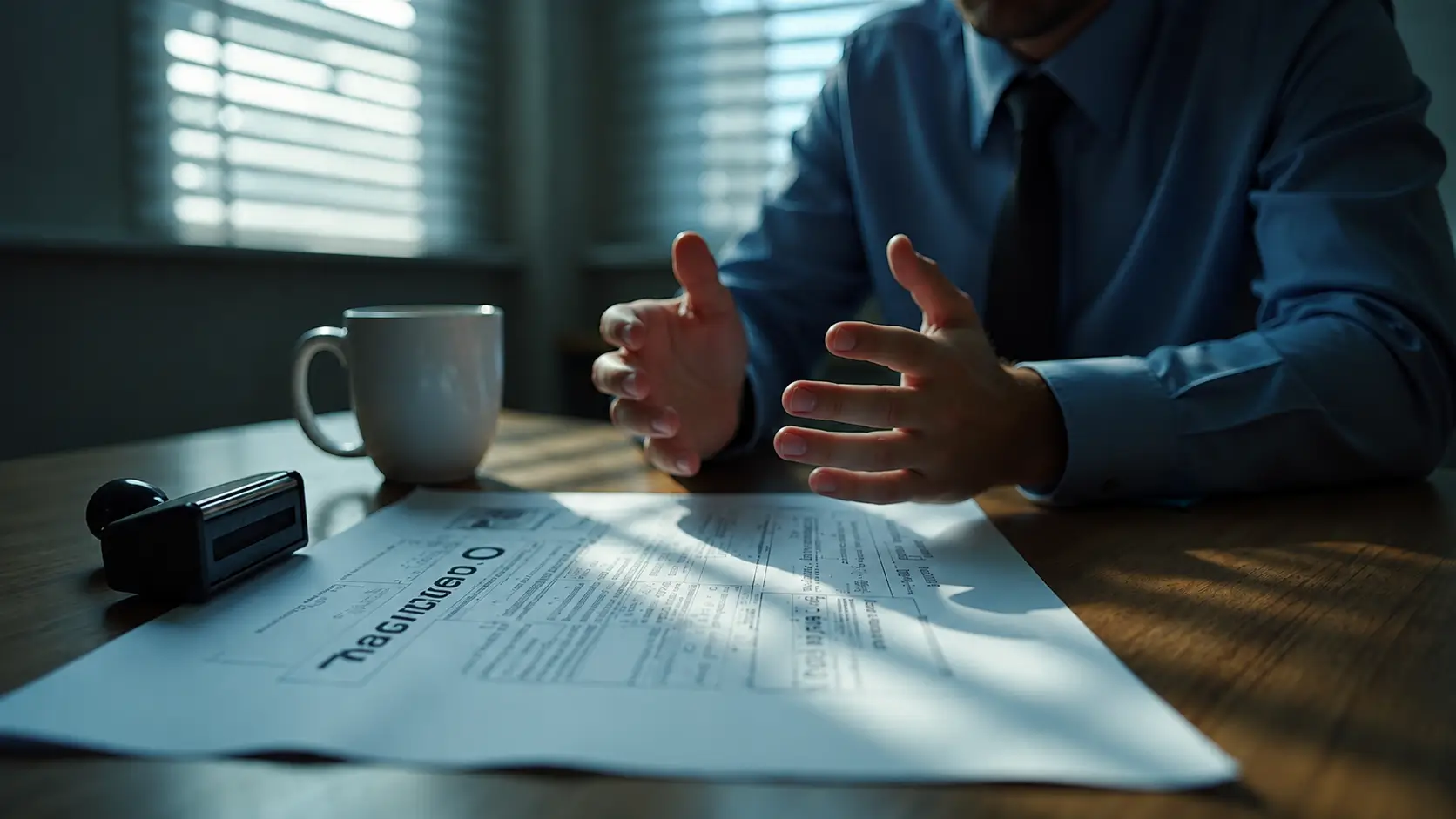 A business professional gestures with open hands over paperwork on a desk, with a coffee mug and office stamp nearby in a softly lit office.