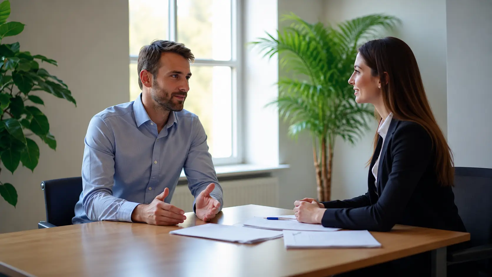 A job candidate and a hiring manager sit across from each other at a conference table, discussing documents during a professional interview in a bright, modern office with large windows and indoor plants.