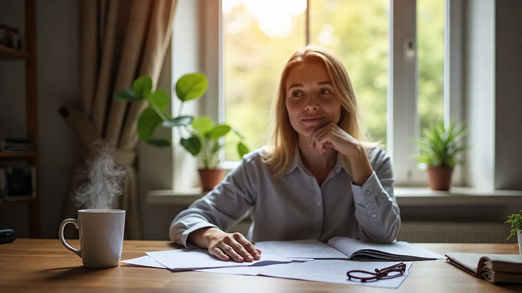 A blonde woman sits at a wooden desk with documents and an open notebook, resting one hand on the papers and the other beneath her chin while looking thoughtfully into the distance. A steaming coffee mug, eyeglasses, and houseplants create a warm, comfortable home office setting