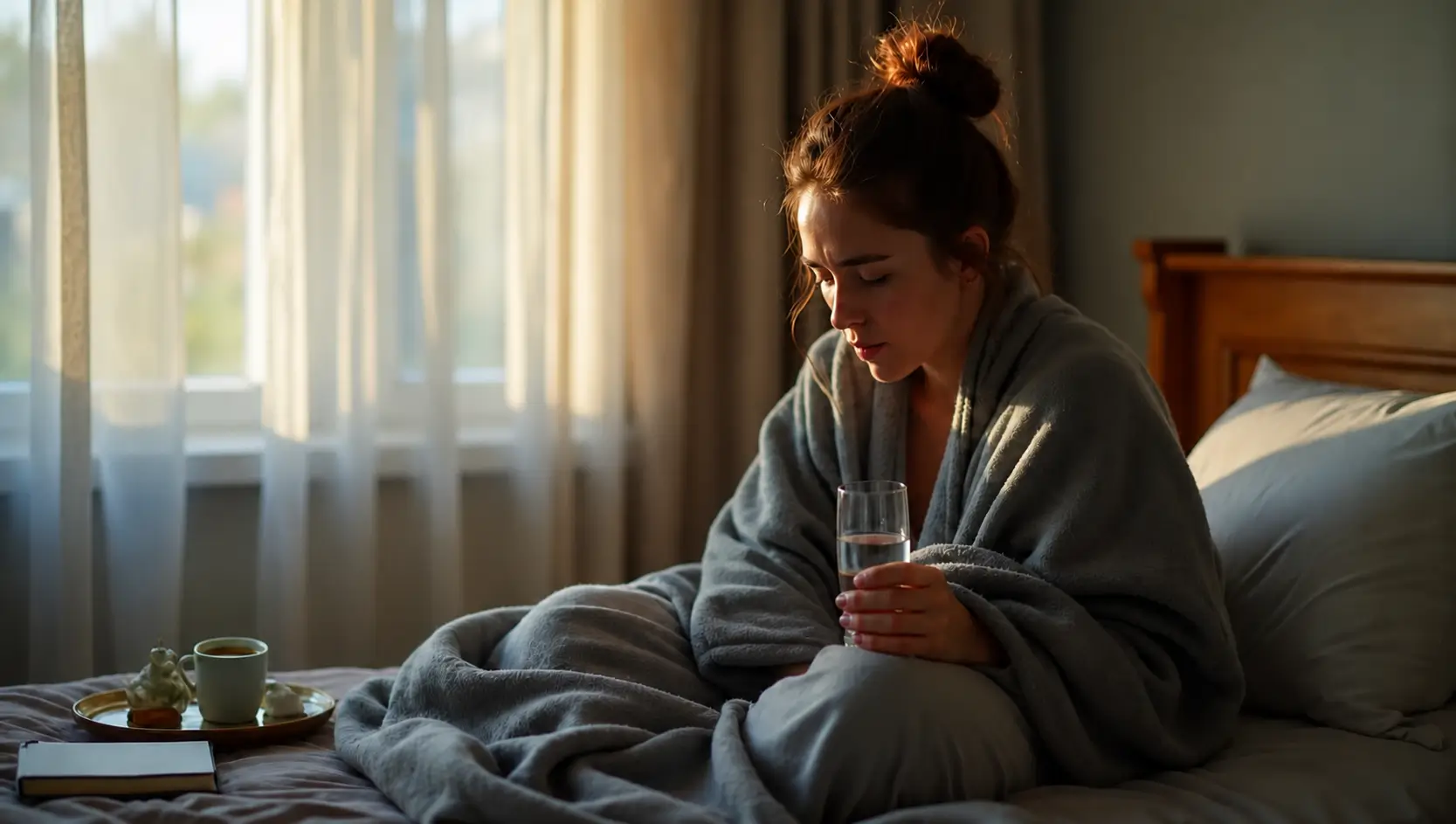 A tired young woman wrapped in a gray blanket sits on a bed holding two glasses of water, one containing pills, in a softly lit bedroom.