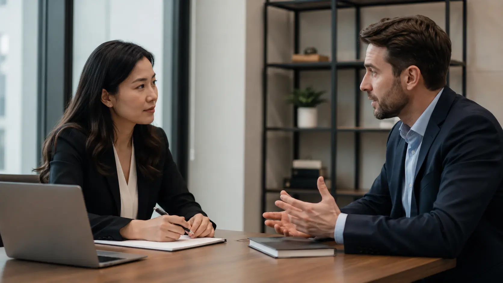 Businesswoman taking notes while speaking with a man during a professional consultation