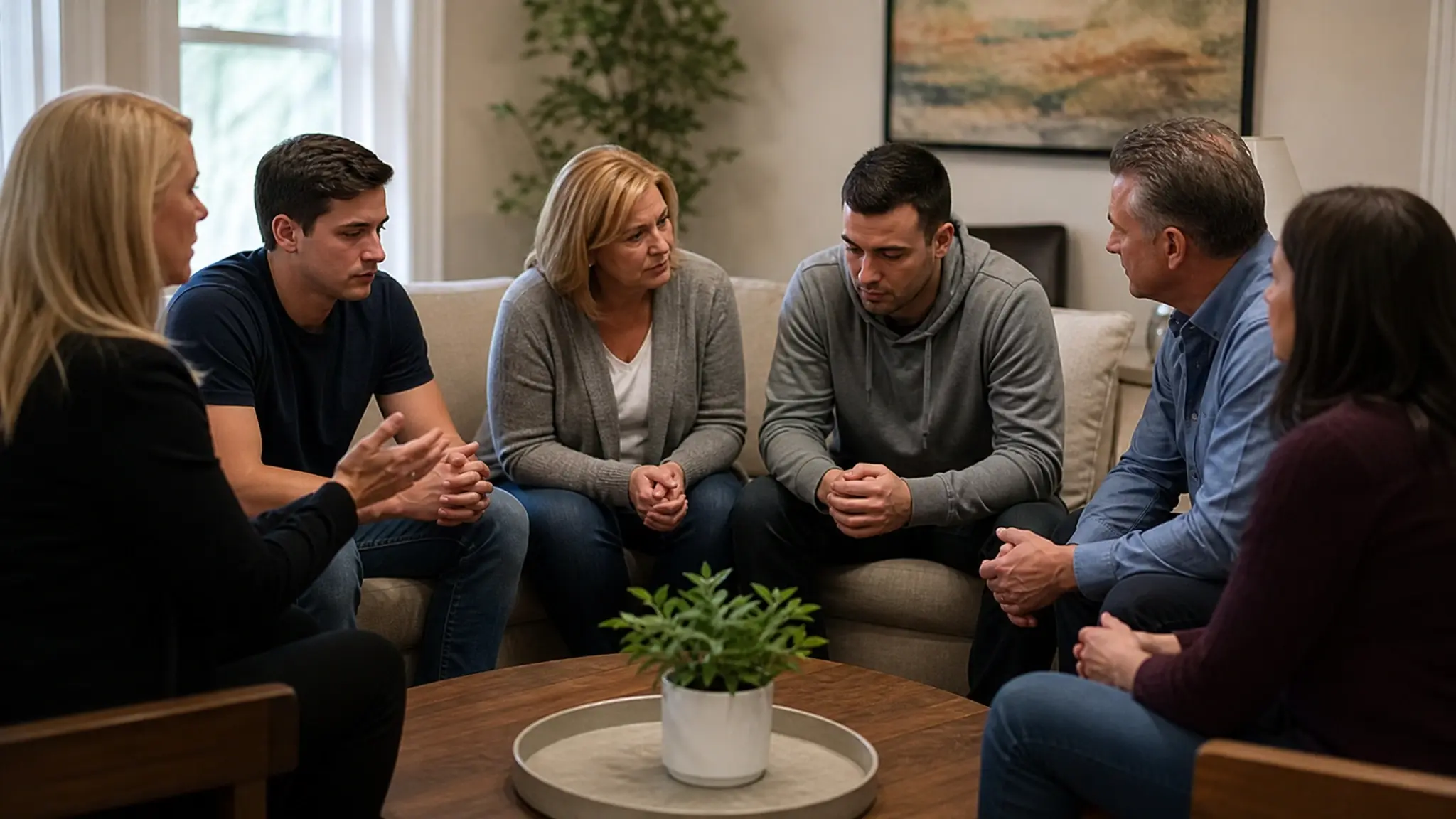 Family and close friends participating in a structured addiction intervention with professional guidance.