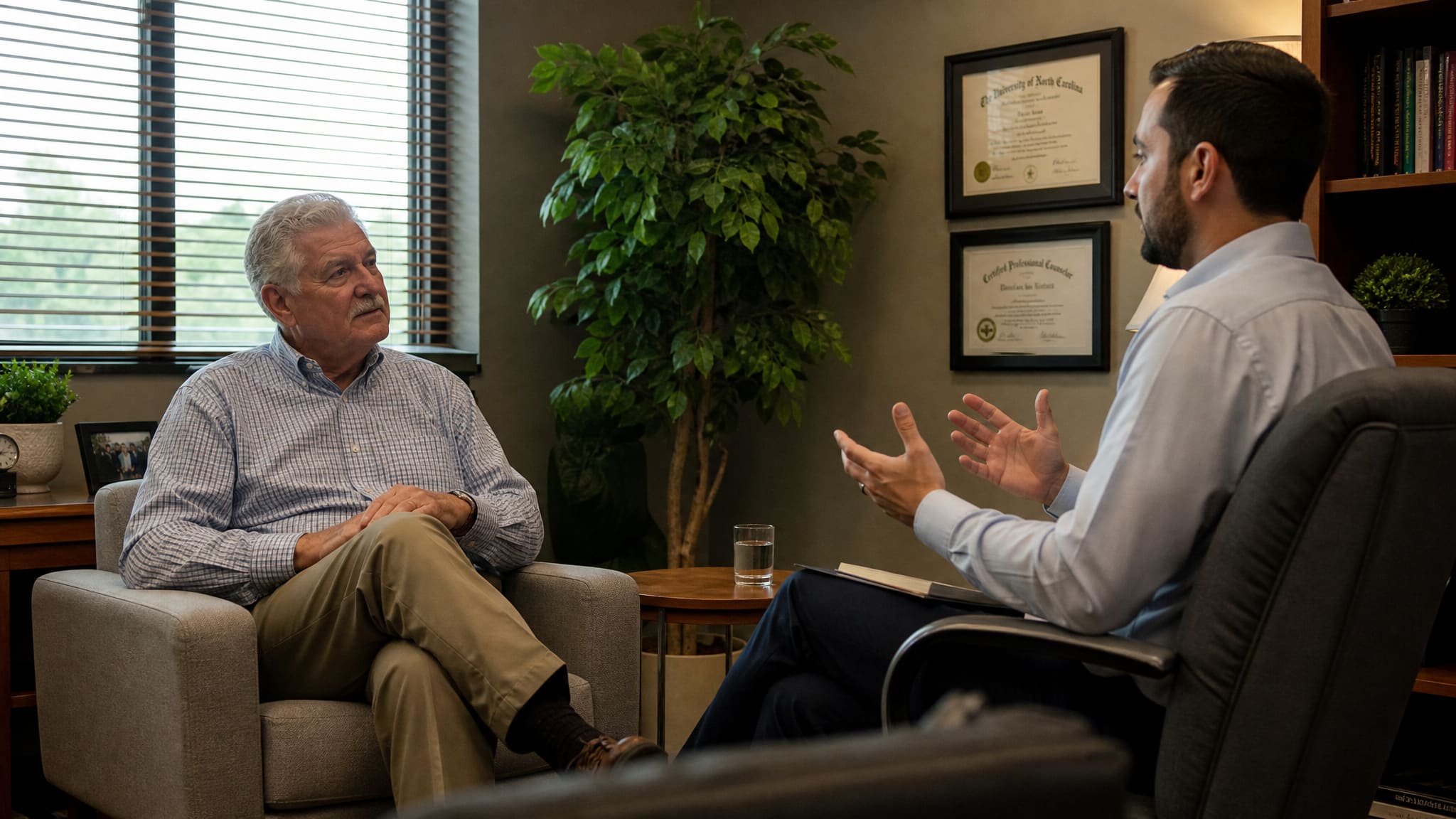 Older man speaking with a younger male clinician during a warm, supportive counseling session in a comfortable professional office.