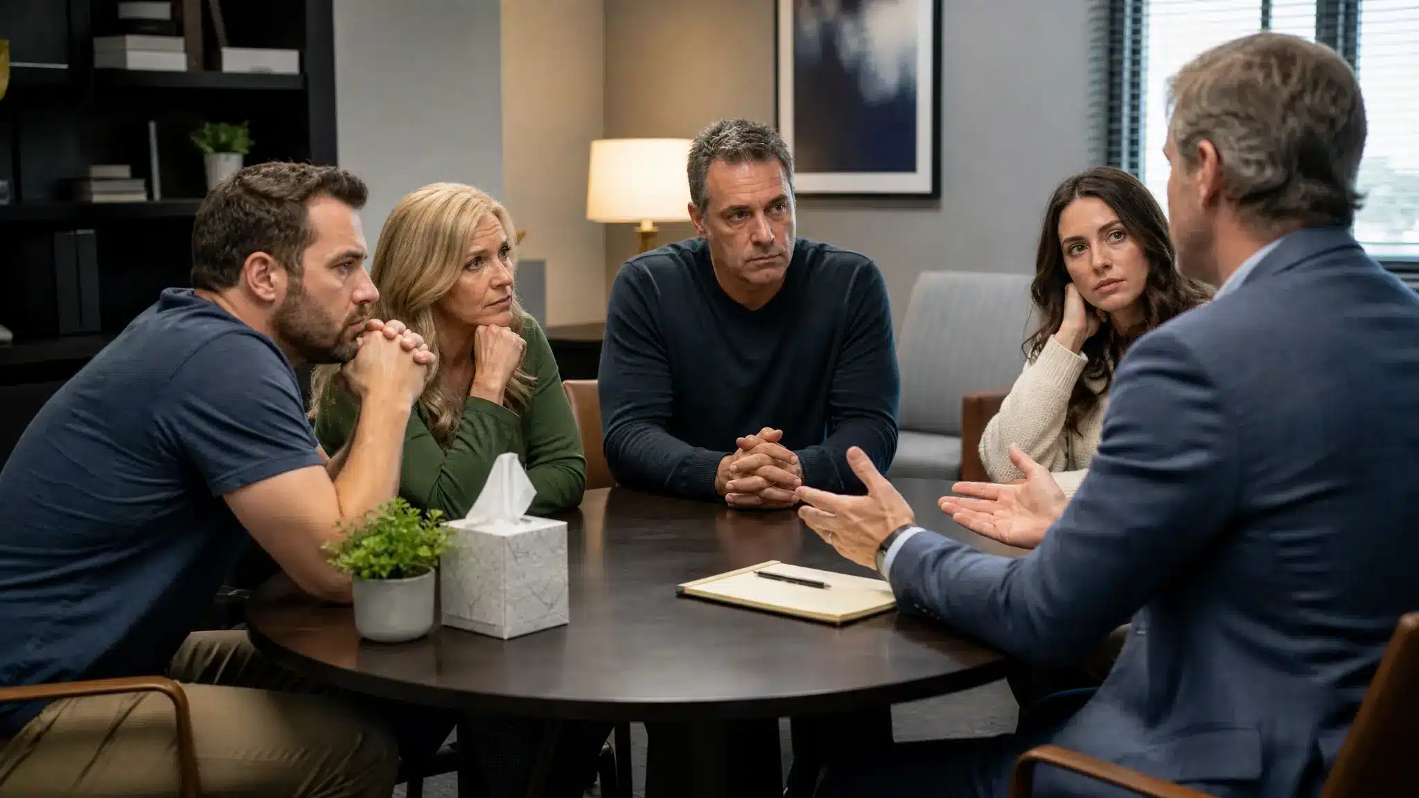 Family consulting a licensed professional while planning an addiction intervention.