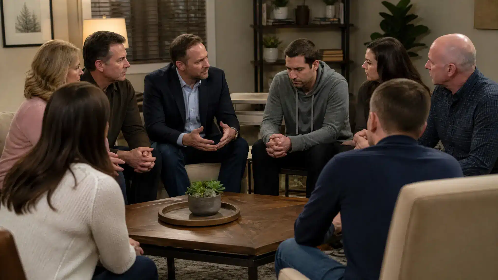 Family members participating in a planned addiction intervention with professional guidance.