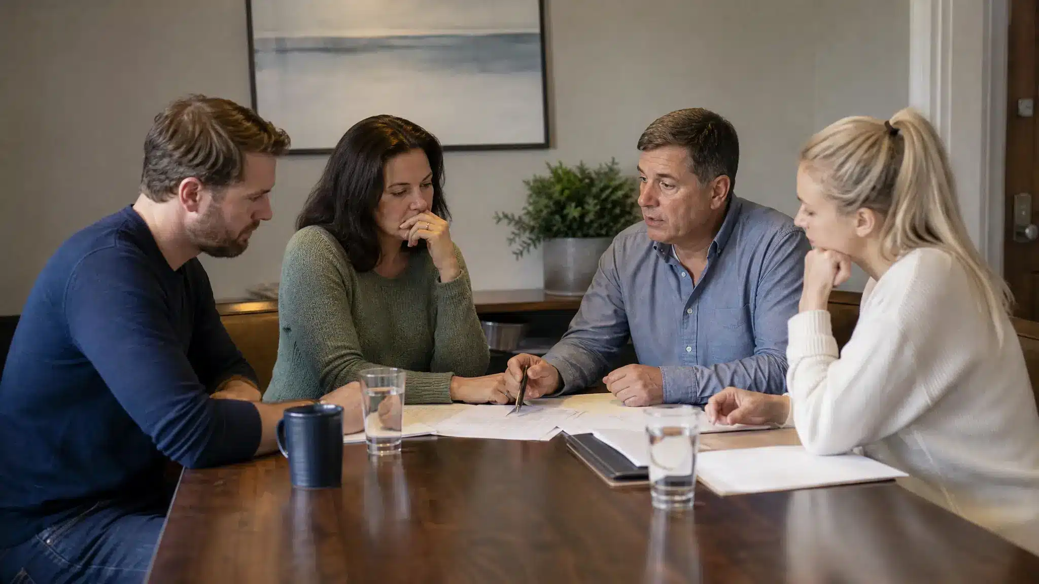Family members planning an addiction intervention with a trained specialist.