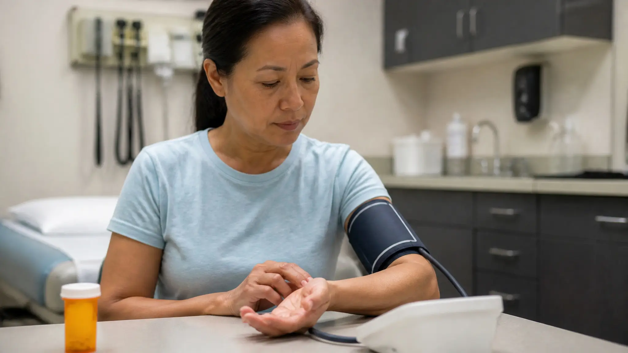 Person wearing a blood pressure cuff and checking their pulse after stimulant use.