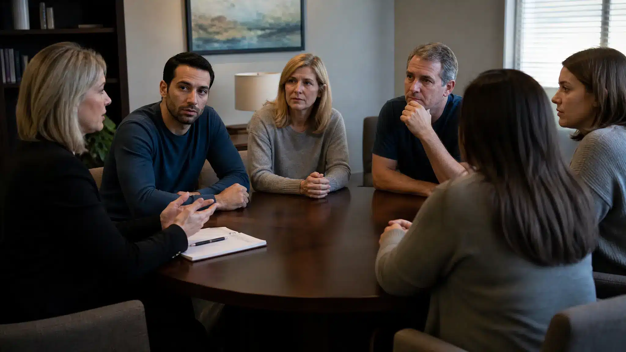 Family and trusted friends planning an addiction intervention with a professional.
