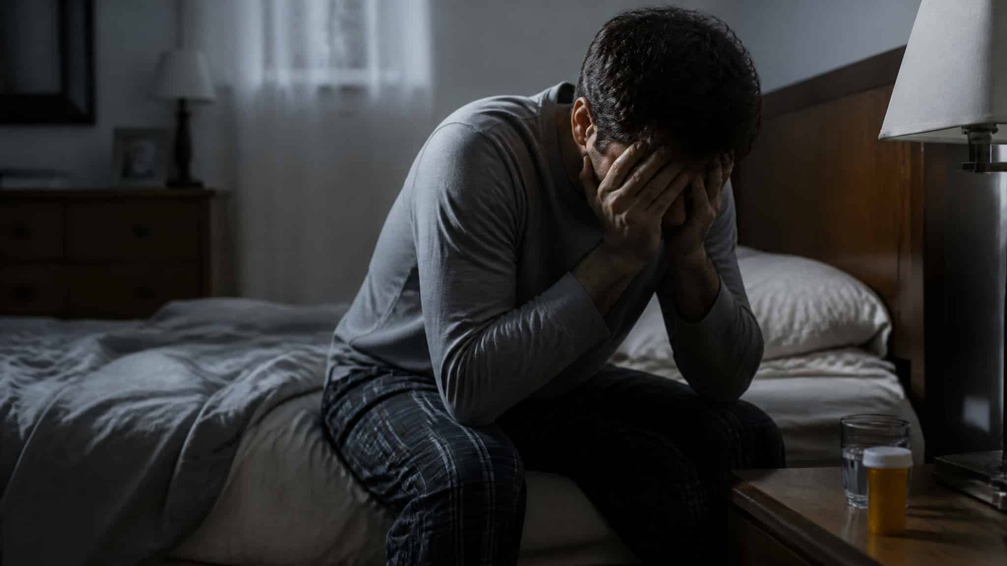Person sitting on the edge of a bed feeling exhausted and anxious beside a prescription pill bottle.