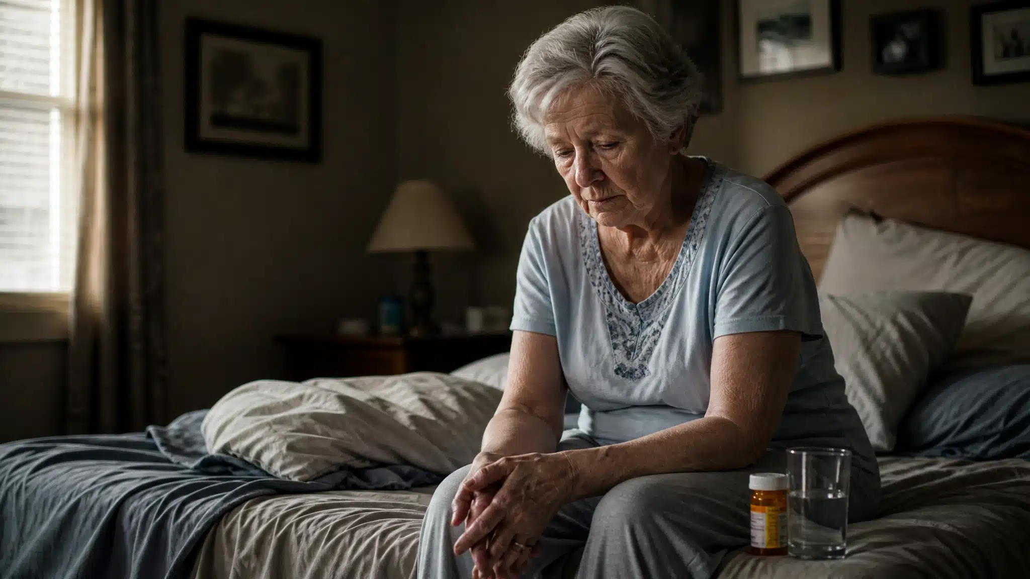 An elderly woman sits on the edge of a bed beside a glass of water and a prescription medicine bottle in a softly lit bedroom.