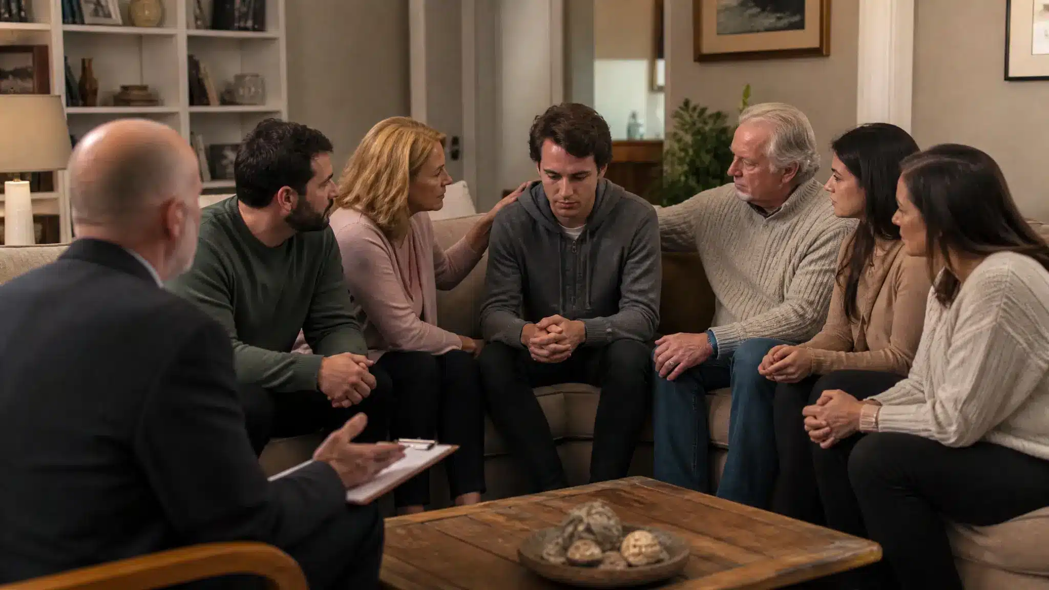 Family members and trusted friends joining together for a professionally guided addiction intervention.