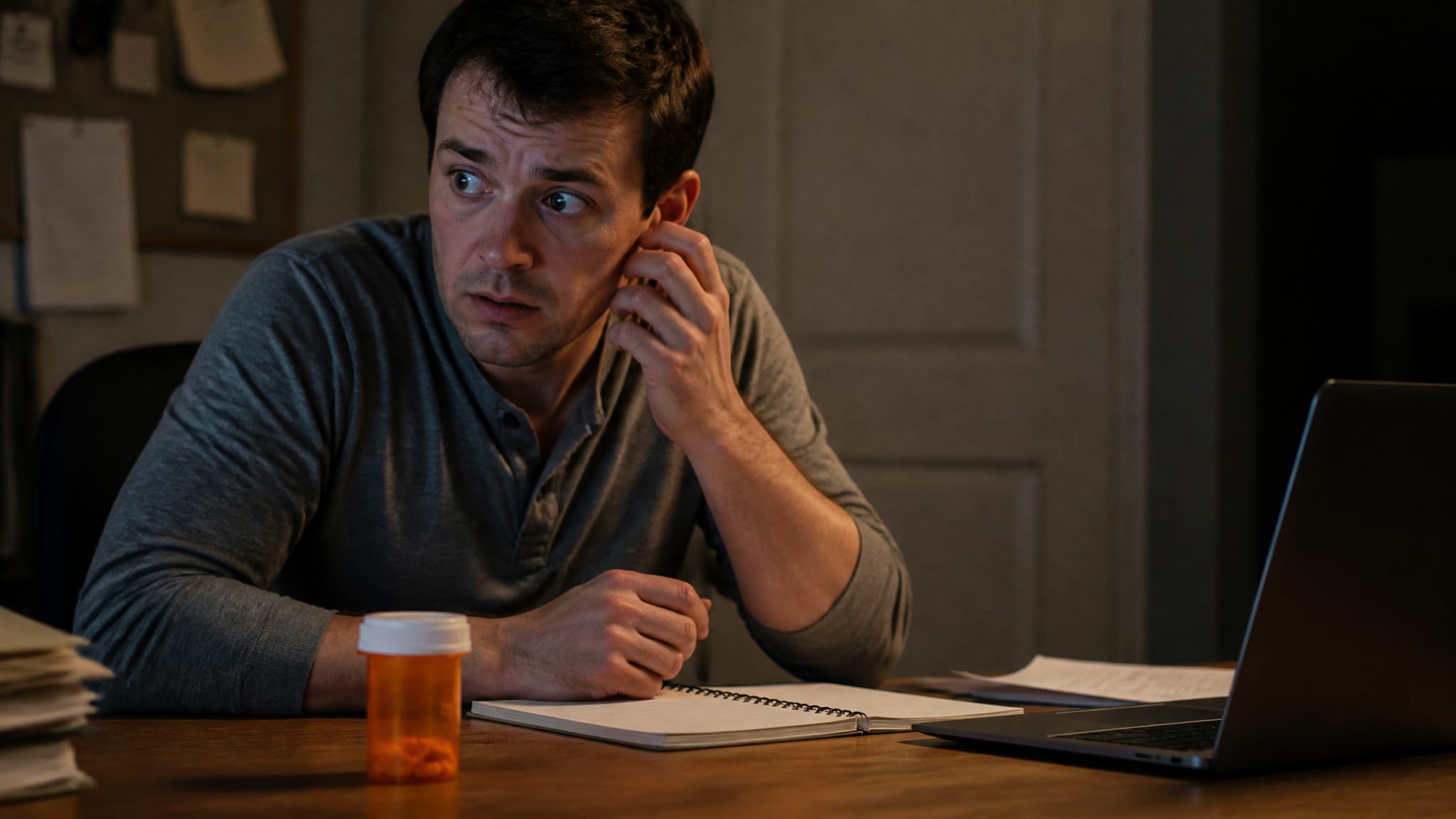 Person sitting at a desk feeling restless and overly alert beside a prescription pill bottle.