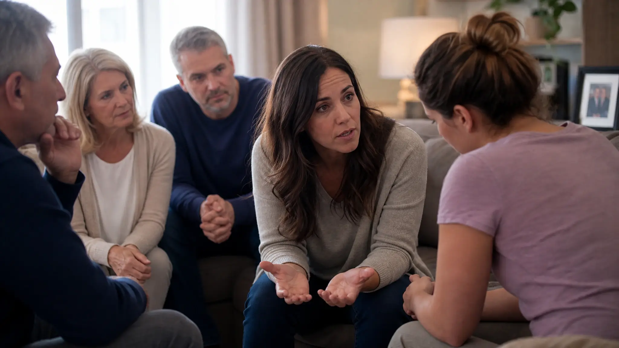 Woman speaking supportively with a loved one during an addiction intervention.