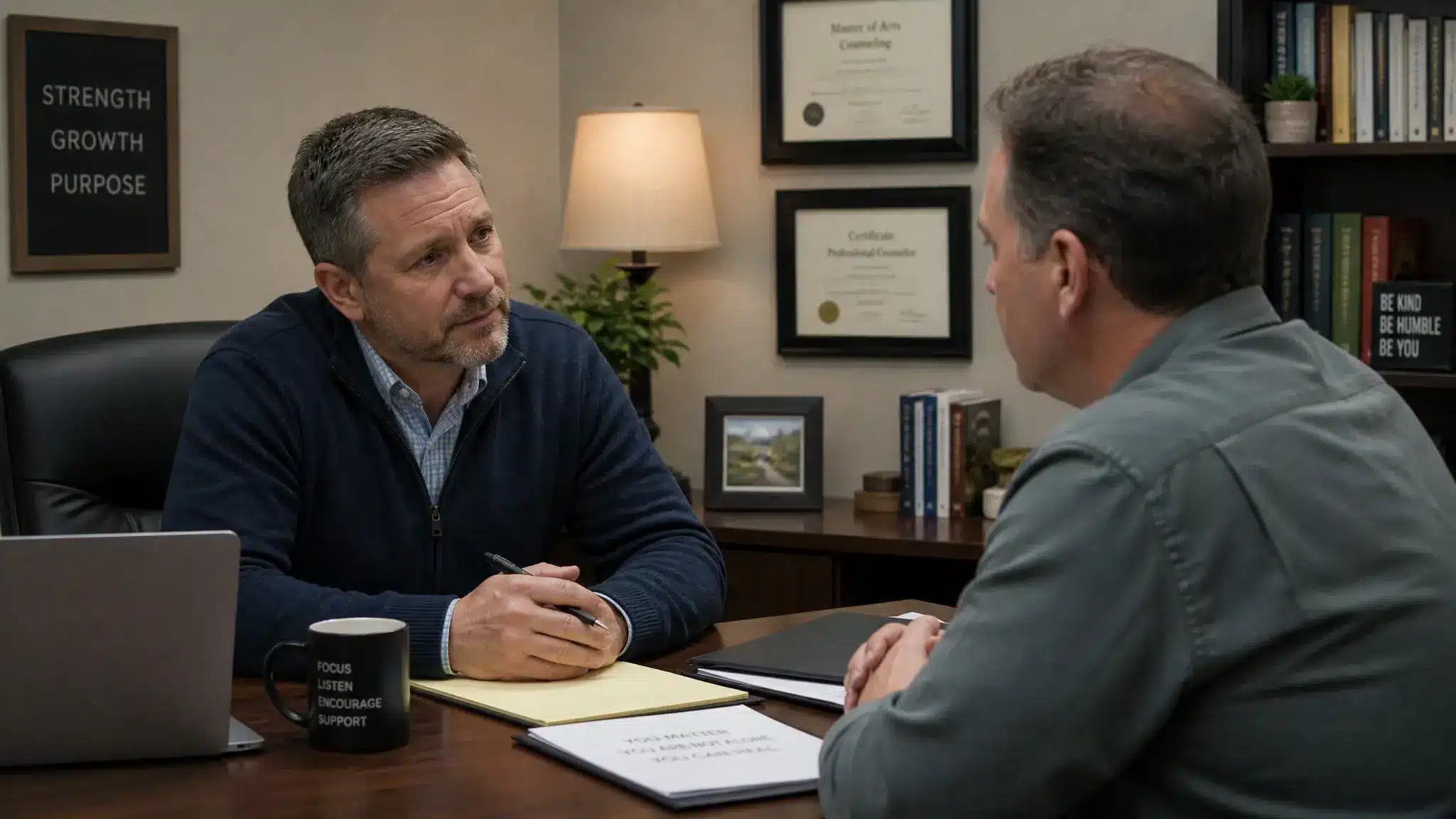 Male counselor speaking with a middle-aged man during a private therapy session