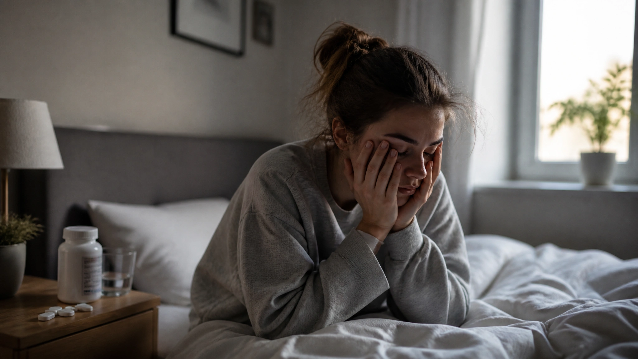 A tired young woman sits on a bed with her face resting in both hands, while a medicine bottle and pills sit on a bedside table in a softly lit bedroom.