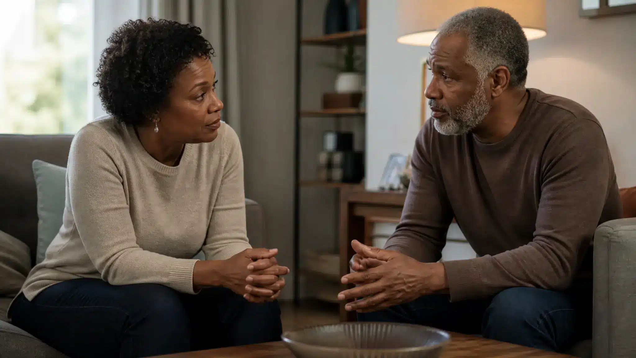 Family members having a serious and compassionate conversation after addiction treatment is refused.