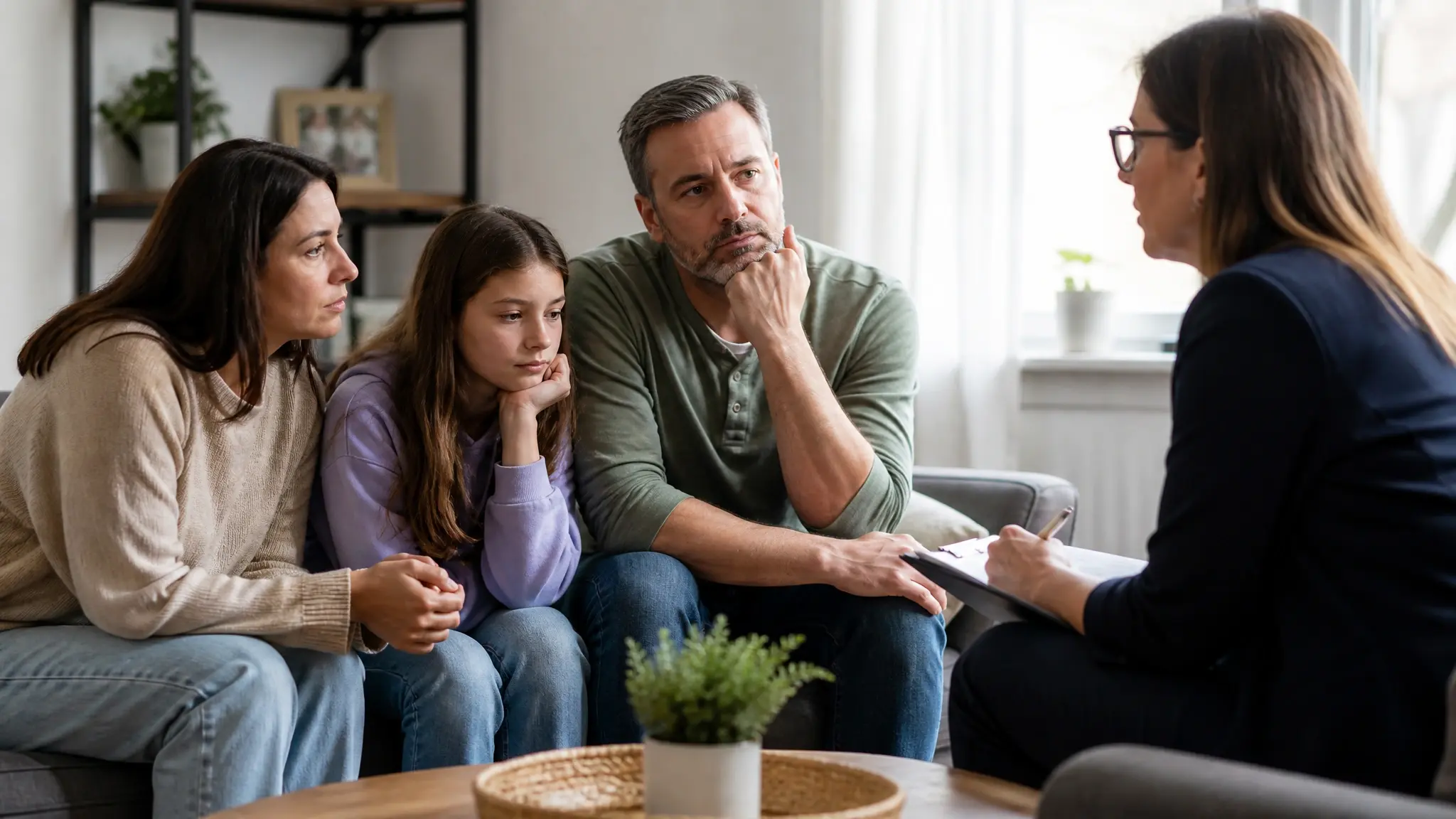 Family meeting with a professional interventionist after discussing addiction treatment options.