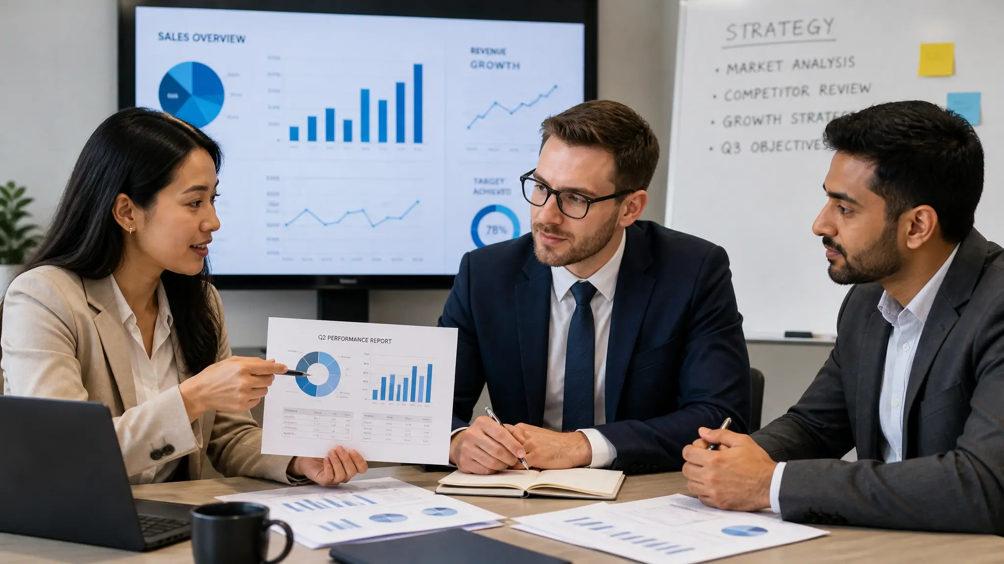 Three business professionals reviewing documents and data during an office meeting